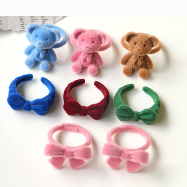 4pcs Bow-knot Flocking Ring Flocked Teddy Bear Ring Half-open Ring Adjustable Thin Ring Funky stacking ring wholesale Jewelry Supplies,H179