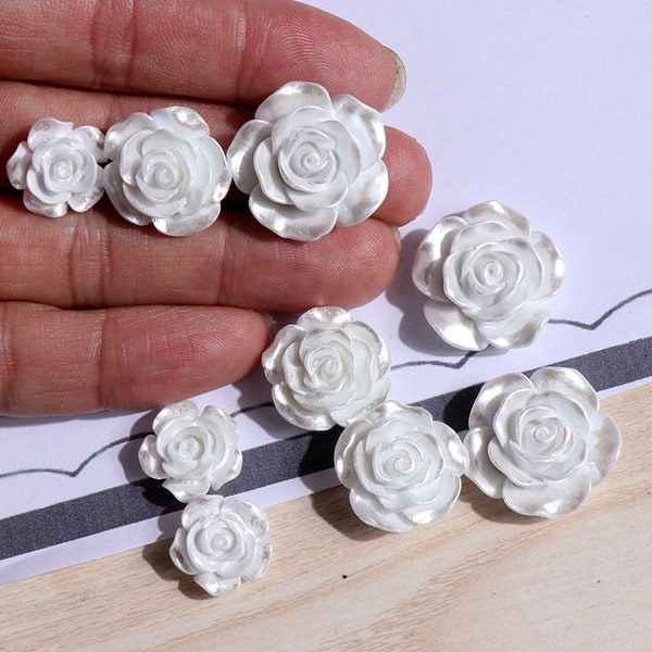 20pcs White Rose Cabochons Glitter Flower Decoden Charms Pearlized Flat Back Beads Resin Embellishment Ornament Scrapbook DIY Crafts,H185