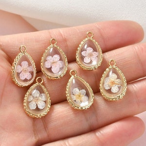 2pcs Flower in Glass Charms Gold Bezel real Flower Drop charm Dried Flower Pendant necklace earring making Handmade Jewelry Accessories,H108