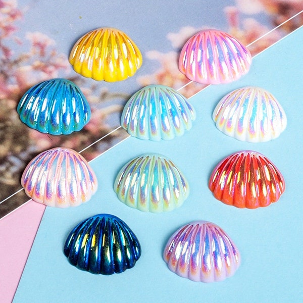10pcs Irridescent Seashell Charm or Cabochon holographic Acrylic Shell Flatback AB resin pendant Necklace Wholesale jewelry supplies,H191