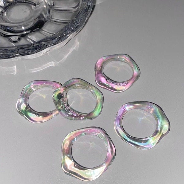 4pcs Holographic resin ring Iridescent clear ring Jelly Charms Wavy Funky Ring Retro 90s Transparent ring wholesale Jewelry Supplies,H124