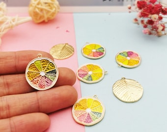 6pcs Enamel Gold Plated Orange Slices Charm Colorful Lemon Fruit Pendant DIY Keychain necklace earring Jewelry Findings Craft Supplies,H30