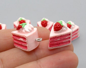 10pcs Strawberry Cake Charms Resin Dessert Cake charms 3D Food Pendants earring DIY KeyChain necklace Jewelry Findings Crafts Supplies,H290