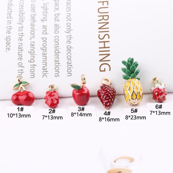 10Pcs Gold Plated Enamel Strawberry Apple Fruits Charms Pineapple Cherry  Pendants for Jewelry Making Bracelets Earrings Necklace