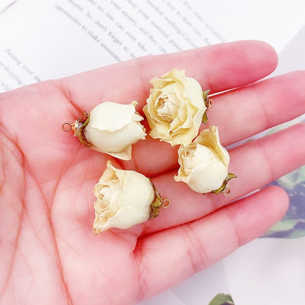 2pcs Real Rosebud White Flower Charms Resin Flower Pendant Real Flower jewelry necklace earring accessories Natural Jewelry Supplies,H170