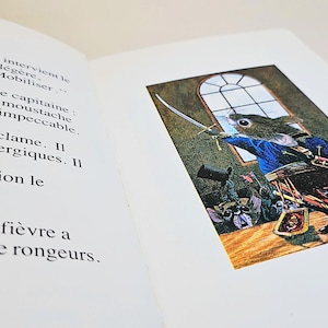 Può includere: Illustrazione di un libro raffigurante un topo con un cappotto blu, che brandisce una spada e guida altri topi. La scena è ambientata in una stanza con una finestra. Testo in francese visibile sulla pagina opposta.