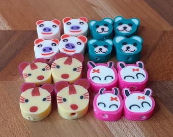 Polymer Clay Beads, Animal Polymer Beads, Mixed Color Animal face beads. (16xpcs)