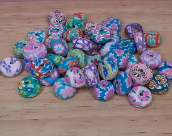 Handmade Polymer Clay Beads, Patterned Polymer Beads, Round Beads, with Floral Pattern, Mixed Color Beads