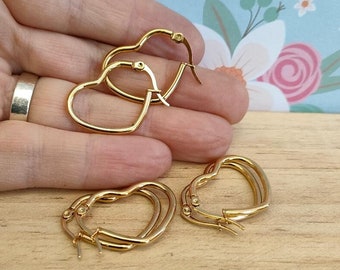 3xpairs 201 Stainless Steel Gold Heart Hoop Earrings, Hypoallergenic Earring Findings, Gold Earrings, 16mm (6xpcs)