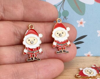 10x Gold Santa Christmas Charms with Crystal Rhinestone, Xmas Alloy Enamel Pendants, Happy Santa Charms Alloy Enamel Christmas Charms
