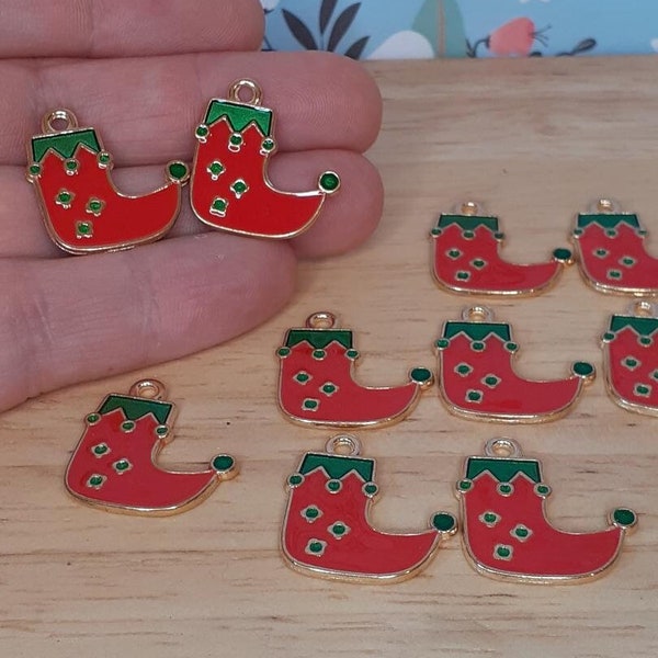 10x Elf Boots, Christmas Elf Boot Charms, Enamel Elf Charms, Cute Red Elf Boots, Cute Christmas Charms