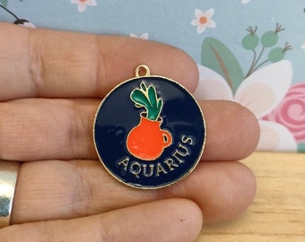 Blue Aquarius Sign Of Zodiac Constellations, Alloy Pendant, Round Gold Plated Star Sign Pendant findings, Enamel 30mm x 27mm (1xpcs)