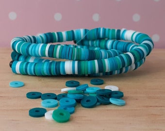 Handmade Polymer Clay Beads, Large Strand Polymer Beads with Mint Green/White, Flat Round/Disc, Heishi Beads, Green coloured