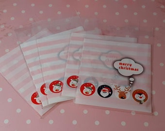25 Christmas Cellophane Favor Bags, Cartoon Santa, Reindeer, Penguin
