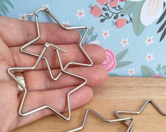 Oversized Stainless Steel Star Hoops, Hoop Findings for DIY Jewellery Designs, 50mm Steel Hoops,  Large Star Hoops for Earrings