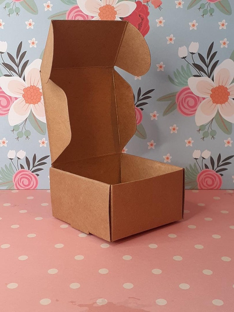 K&ouml;nnte beinhalten: Eine kleine braune Pappbox mit einem Scharnierdeckel. Die Box ist ge&ouml;ffnet und der Deckel ist nach hinten geklappt.