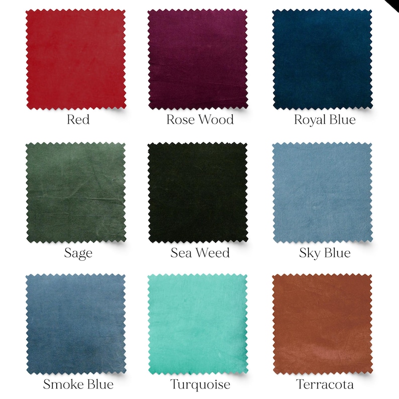May include: Nine fabric swatches in various colors, including red, rose wood, royal blue, sage, sea weed, sky blue, smoke blue, turquoise, and terracotta. Each square has a textured appearance and is labeled with its color name.