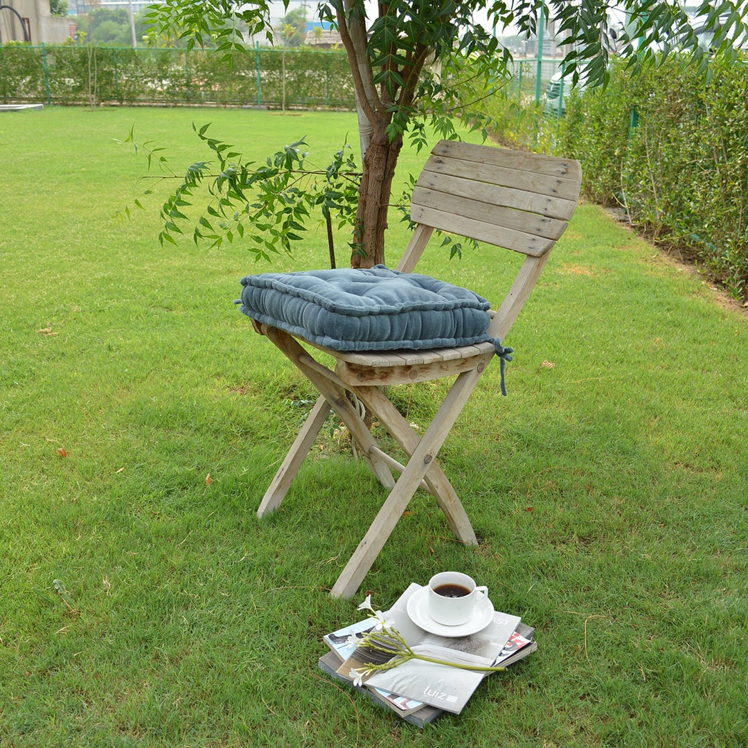 Smoke Blue Velvet Window Seat Cushion, Velvet Seat Cushion With Tie