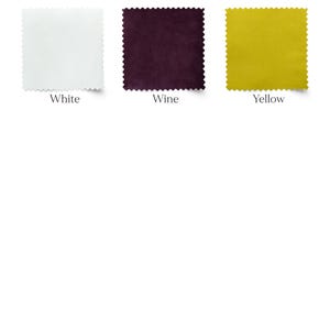 May include: Three fabric swatches in white, wine, and yellow. Each square has a scalloped edge and a label with its color name. The white swatch is on the left, the wine swatch is in the middle, and the yellow swatch is on the right.