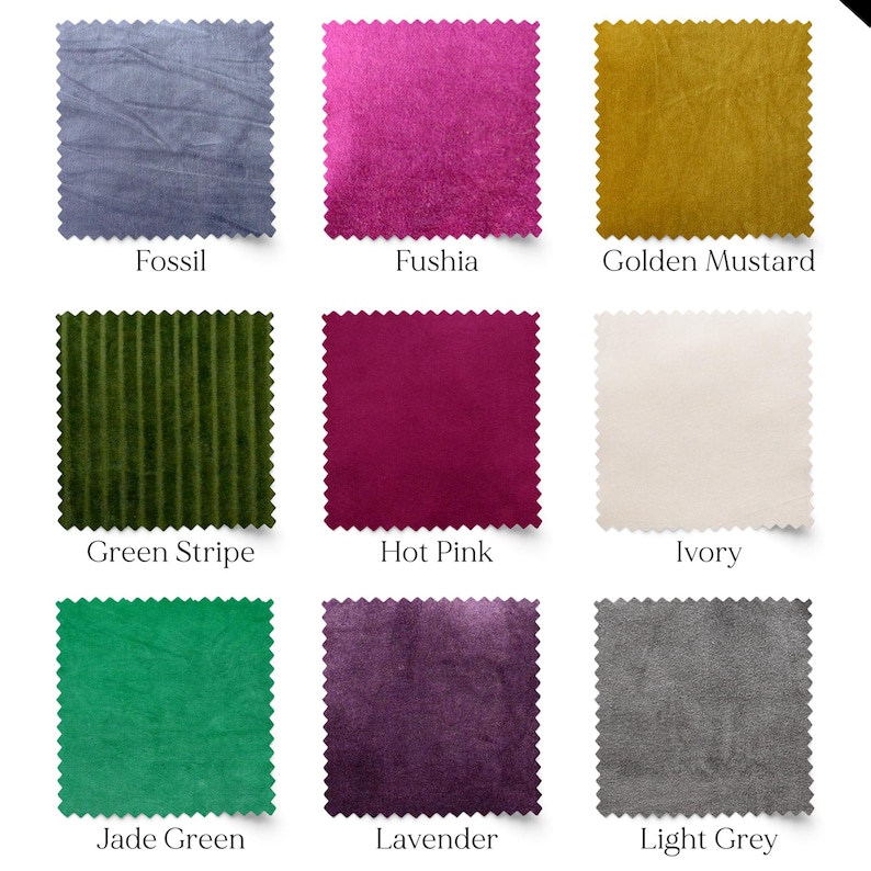 May include: Nine fabric swatches in various colors, including Fossil, Fushia, Golden Mustard, Green Stripe, Hot Pink, Ivory, Jade Green, Lavender, and Light Grey. Each swatch has a unique texture and color.