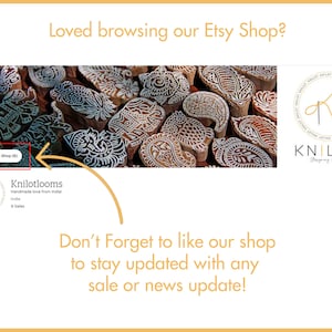 May include: An Etsy shop banner with the text "Loved browsing our Etsy Shop?" and "Don't Forget to like our shop to stay updated with any sale or news update!" The shop logo and a collection of carved wooden blocks are also visible.