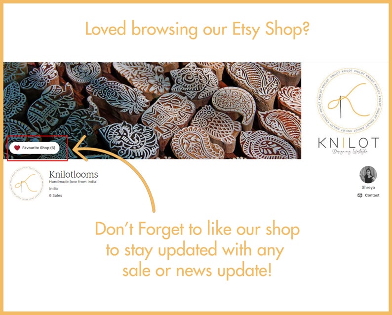 May include: An Etsy shop banner with the text "Loved browsing our Etsy Shop?" and "Don't Forget to like our shop to stay updated with any sale or news update!" The shop logo and a collection of carved wooden blocks are also visible.