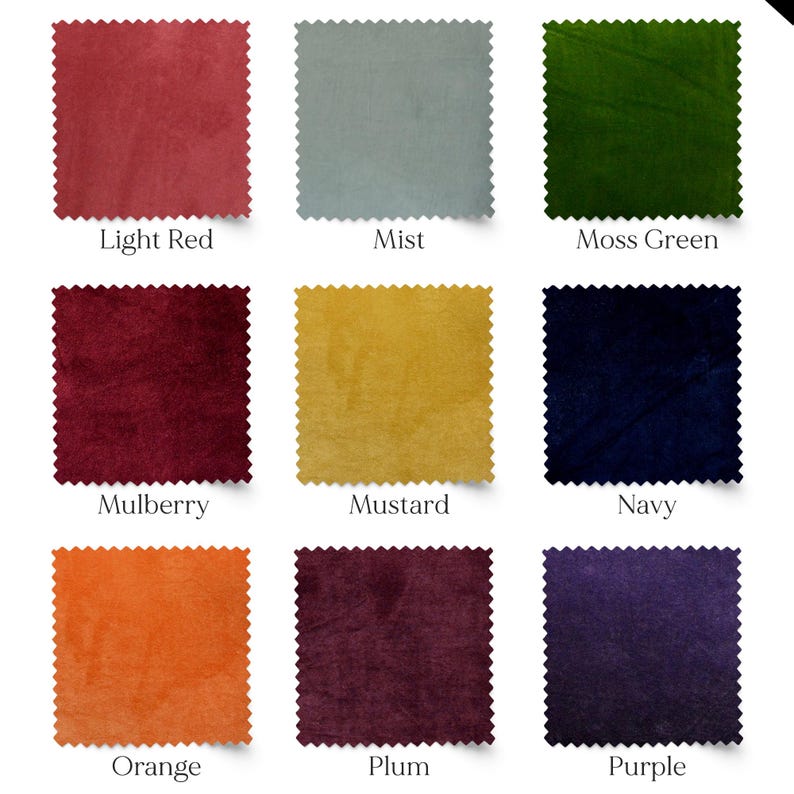 May include: Nine fabric swatches in various colors, including light red, mist, moss green, mulberry, mustard, navy, orange, plum, and purple. Each square has a scalloped edge and a label with the color name.
