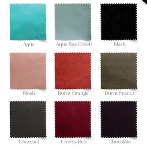 May include: Nine fabric swatches in various colors, including Aqua, Aqua Spa Green, Black, Blush, Burnt Orange, Burnt Peanut, Charcoal, Cherry Red, and Chocolate. Each swatch has a textured appearance and is labeled with its color name.