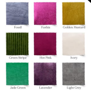 May include: Nine fabric swatches in various colors, including Fossil, Fushia, Golden Mustard, Green Stripe, Hot Pink, Ivory, Jade Green, Lavender, and Light Grey. Each swatch has a textured appearance and a scalloped edge, with the color name printed below.