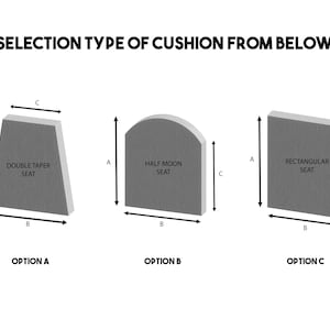 May include: Diagram showing three cushion seat options: double taper, half moon, and rectangular. Each option is labeled with dimensions A, B, and C. The text "SELECTION TYPE OF CUSHION FROM BELOW" is at the top, with options labeled A, B, and C below.