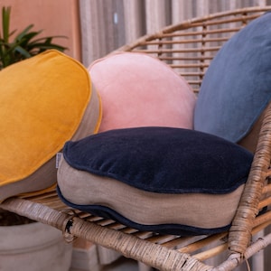 Velvet round chair pad with linen border | Bar stool cushions round | Wicker Chair cushions