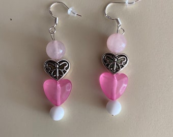 White Alabaster Rose Quartz Dangle Earrings