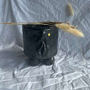 Vulva art pot with a gold beauty mark, hand sculpted, hand painted