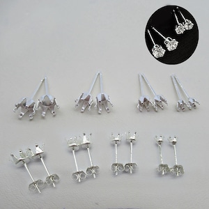 Sterling Silver Claw Earring Post Setting , S925 Silver Earring Setting Post , 6 Prong Earring Post 3mm 4mm 5mm 6mm
