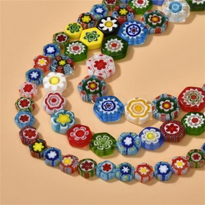 Colorful Glass Flower Hexagon Beads, Glaze Floral Bead, Flat Bead, Blossom Bead, Geometric Loose Bead, Bracelet Necklace Beads Full Strand