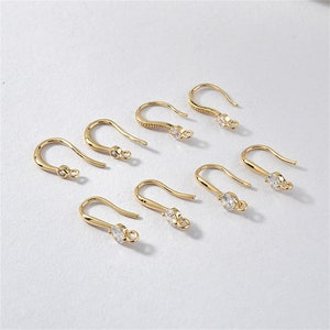 14K Gold Plated CZ Round Zircon Earring Hooks, Gold Tone Earring Hooks with Loop, Earrings Hook, Earring Wire, Ear Wire Hook