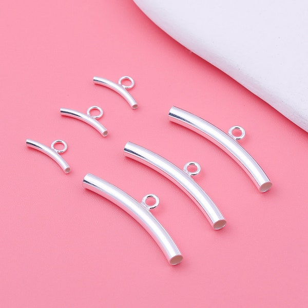 Sterling Silver Bail Tube Beads, Sterling Silver Curve Tube Bead, Noodle Tube Bead, Bracelet Plain Smooth Tube Bead w/ Ring 11mm 26mm