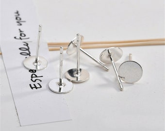 Boucles d'oreilles plates rondes en argent sterling, tiges de boucle d'oreille pour la fabrication de bijoux, coussin plat pour femme, élément de boucle d'oreille, monture cabochon 4 mm 6 mm 8 mm