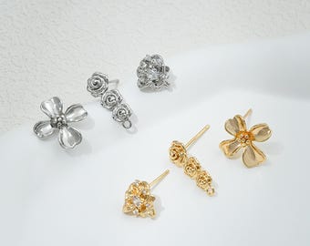 14K Gold Plated Rose Earring Stud w/Loop, Flower Earring Post, Floral Earring Stud, Romantic Earring, Dainty Post Earring, Botanical Earring