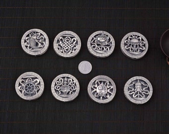 Perles rondes plates en argent sterling huit symboles de bon augure, perle tibétaine en argent 925, perles de bouddhisme, perle de prière, perle Mala, perle rituelle 38mm