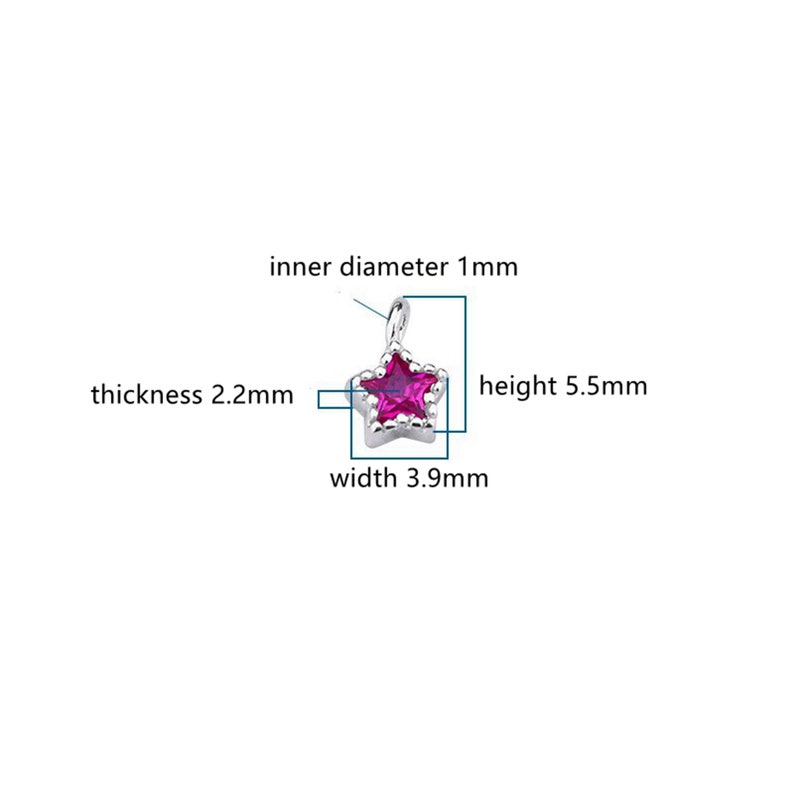 May include: A silver star charm with a pink gem in the center. The charm has an inner diameter of 1 mm, a width of 3.9 mm, a height of 5.5 mm, and a thickness of 2.2 mm.