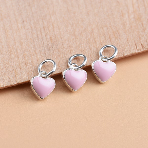 Sterling Silver Enamel Heart Charm, s925 Silver Pink Heart Charm For Jewelry Making Supplies, Bracelet Charm, Earring Charm, Heart Charm