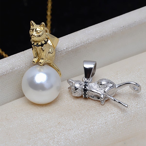 Sterling Silver Pendant Setting, 3D Cat Pendant Setting For Jewelry Supplies, Double Half Drilled Pearl Mounts, Peg &Cup 9mm 10mm 11mm 12mm