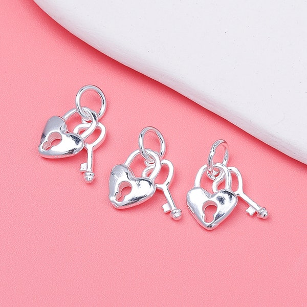 Sterling Silver Heart Lock and Key Charm Pendant, Padlock Bracelet, Romantic Necklace, Valentine Earring, Relationship Jewelry, Lock Charm