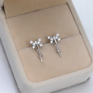 Sterling Silver Earrings Settings, s925 Silver CZ Butterfly Post Earrings Settings, Earring Blank, Half Drilled Pearl Mounts, Peg and Cup