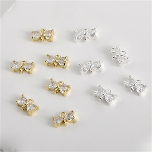 18K Gold Plated Tiny Bow Connector Charm, Bow Knot Bracelet, Ribbon Necklace, Bowknot Earring, Bow tie Jewelry, Zircon Bow Charm