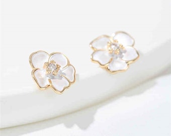 14K Gold Plated White Flower Earring Stud w/ open loop, Flower Earring Post, Floral Earring Stud, Dainty Post Earring, Botanical Earring