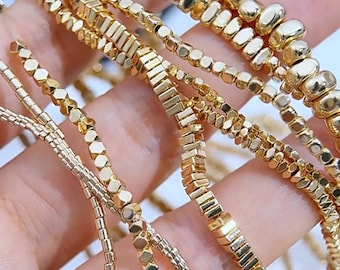 14k Gold Plated Hematite Irregular Spacer Beads, Chip Beads, Flower Beads Jewelry Making Supply, Seed Beads, Square Beads, Full Strand