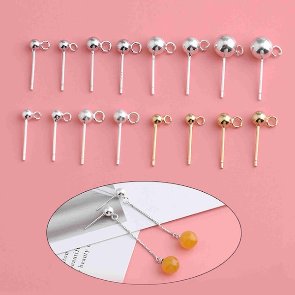 Sterling Silver Ball Earring Post with Open Jump Ring, s925 Silver Earring Post For Jewelry Making Supplies, Women Earring, 3mm 4mm 5mm