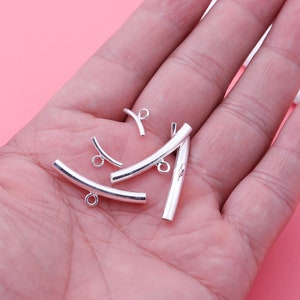 Sterling Silver Bail Tube Beads, Sterling Silver Curve Tube Bead, Noodle Tube Bead, Bracelet Plain Smooth Tube Bead w/ Ring 11mm 26mm